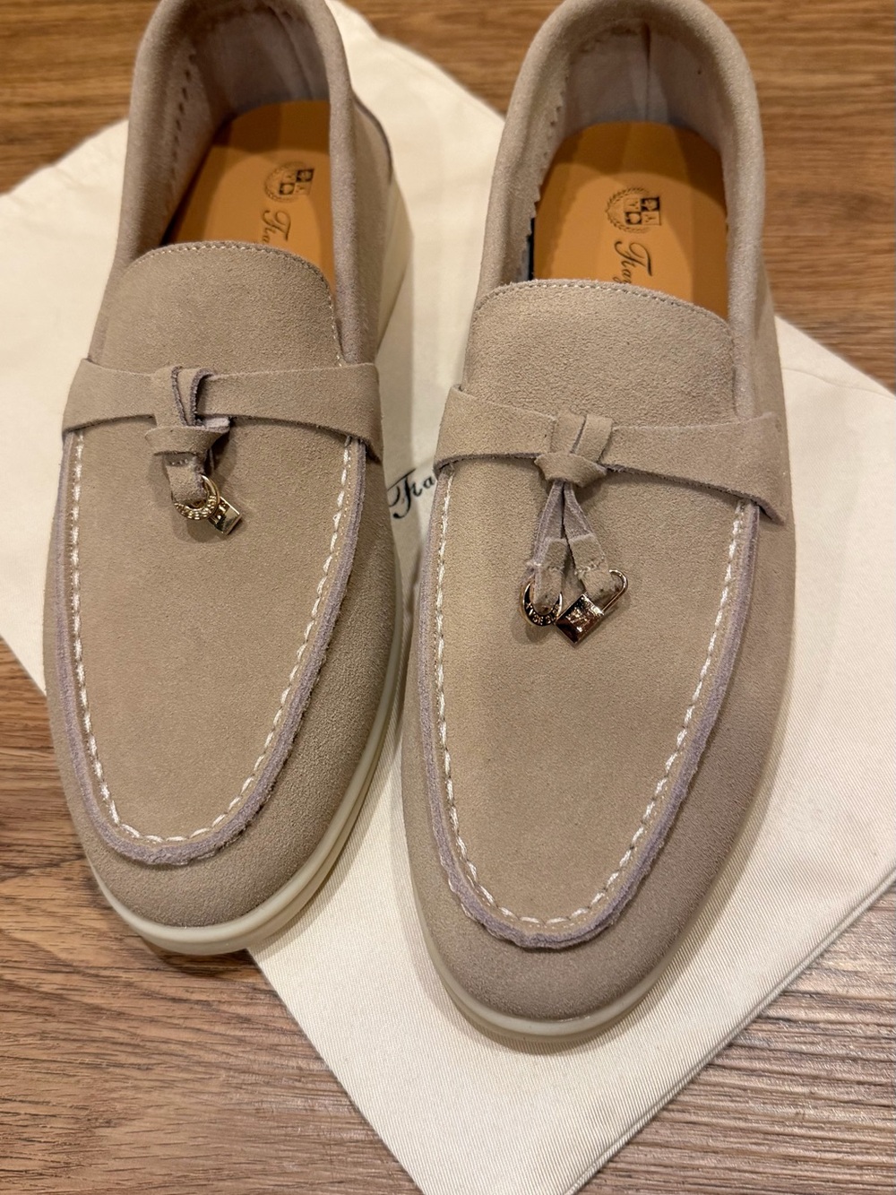 Suede Tassel Loafers in Beige — Women's Slip-On Flats